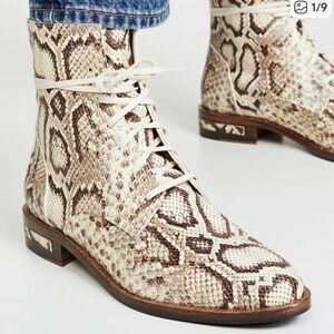 Freda Salvador Vanilla Ralf Snake Embossed Lace-Up Boots - Cream and Brown 9.5